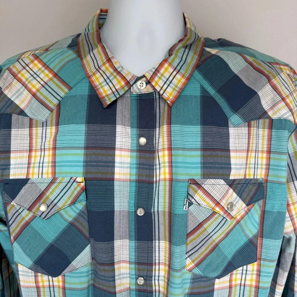 Vintage Levis Mens Western Pearl Snap Shirt Plaid Teal Blue Long Sleeve XXL